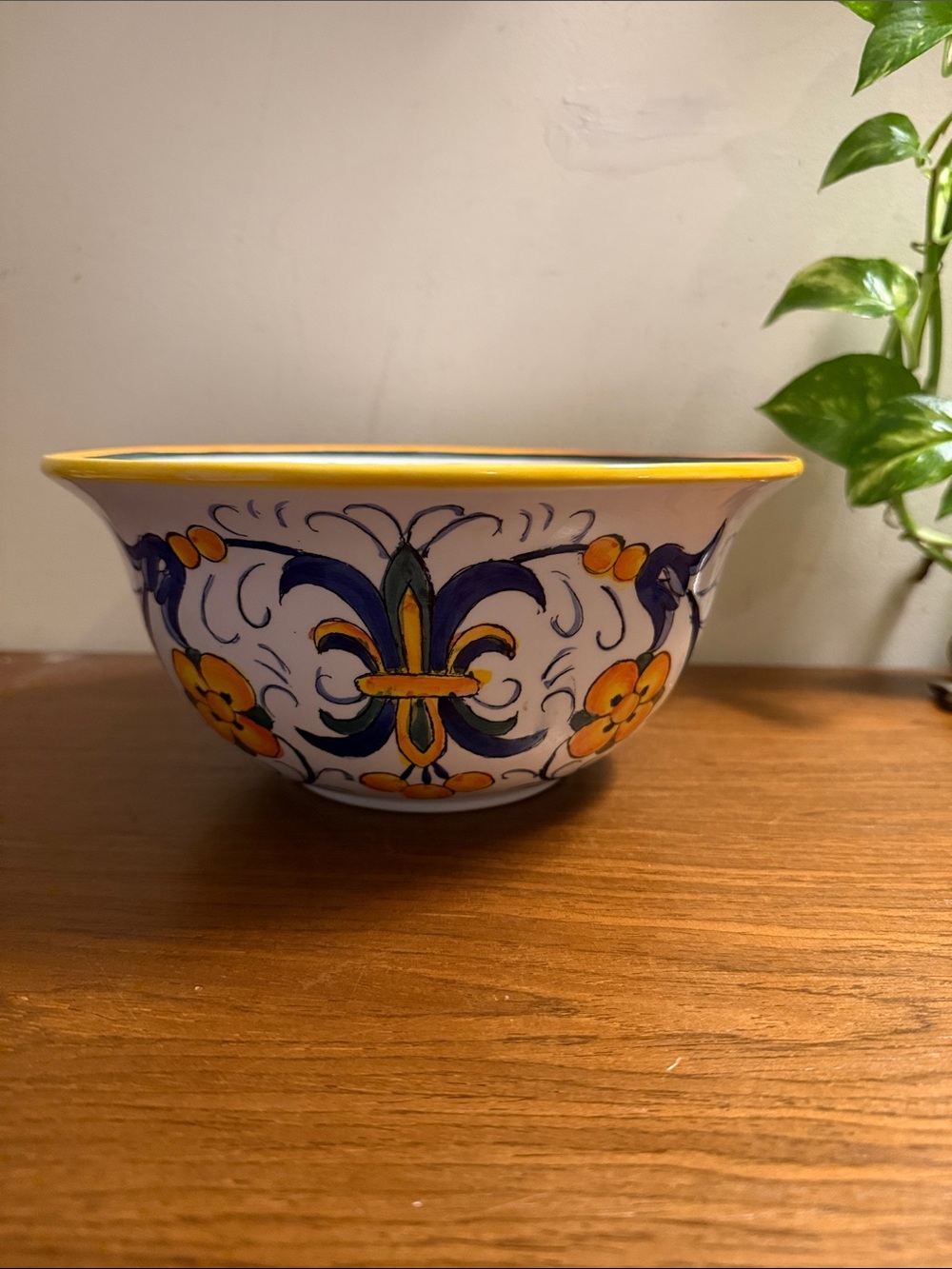 Hand-Painted Ceramic Decorative Bowl in Yellow and Blue